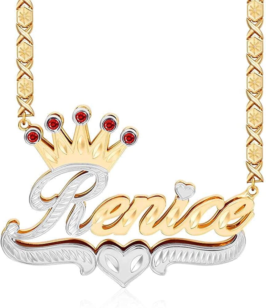 Double Plated Nameplate Name Necklace Custom Heart Necklace Personalized Two Tone Gold and Silver Custom Name Necklace for Women Teen Girls Jewelry Gift B3-Gold and Silver Necklace with Crown