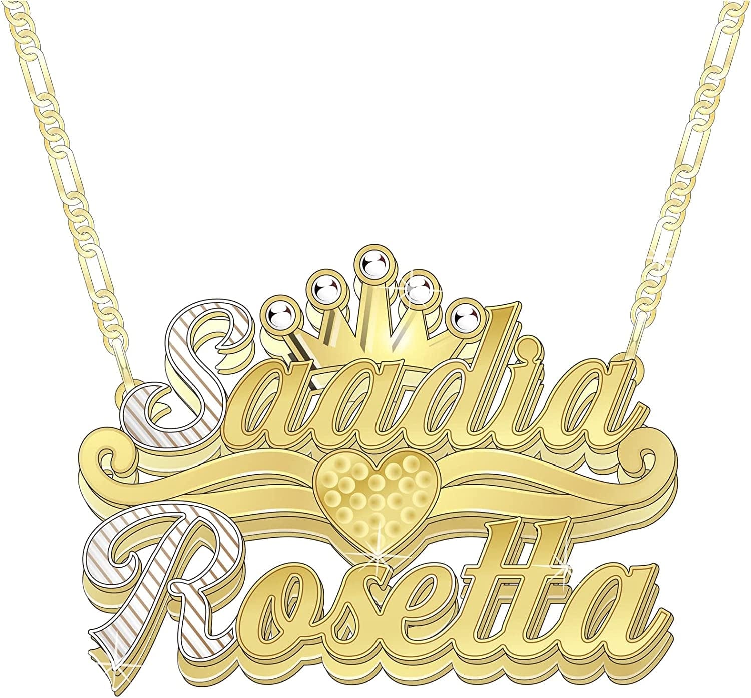 Double Plated Nameplate Name Necklace Custom Heart Necklace Personalized Two Tone Gold and Silver Custom Name Necklace for Women Teen Girls Jewelry Gift Z-Double Name Plate Necklace with Crown