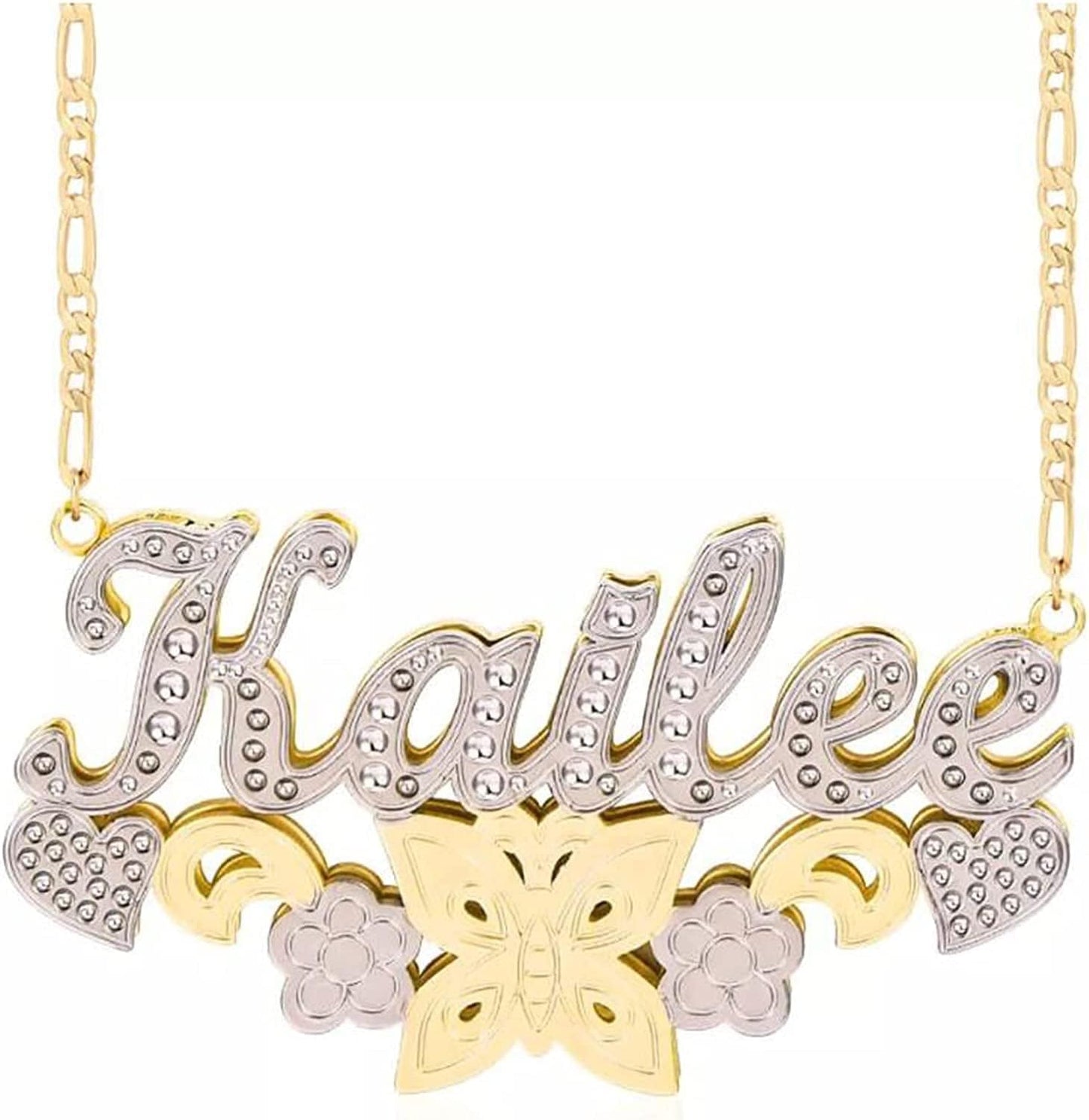 Double Plated Nameplate Name Necklace Custom Heart Necklace Personalized Two Tone Gold and Silver Custom Name Necklace for Women Teen Girls Jewelry Gift Gold and Silver with Flower
