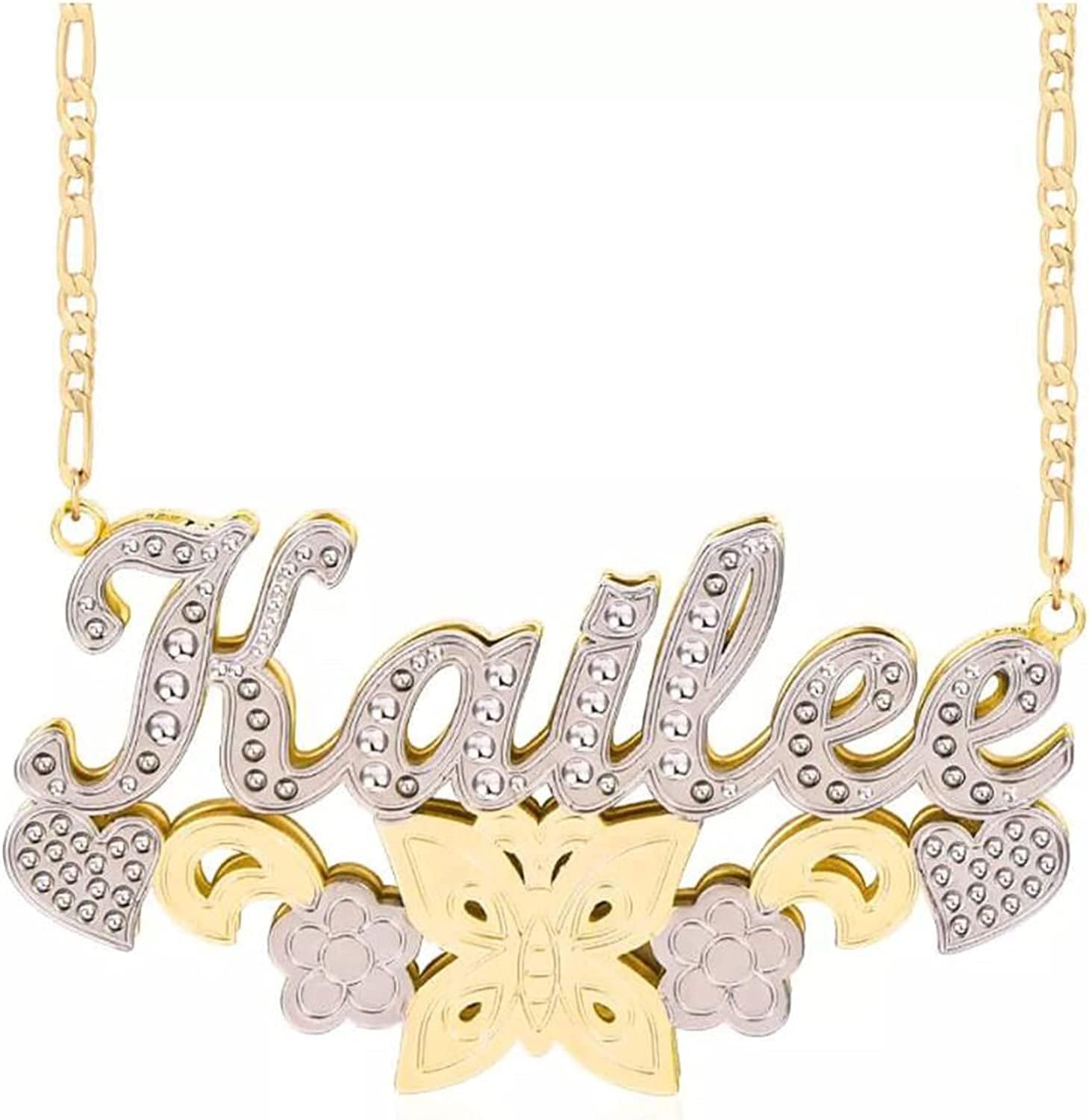 Double Plated Nameplate Name Necklace Custom Heart Necklace Personalized Two Tone Gold and Silver Custom Name Necklace for Women Teen Girls Jewelry Gift Gold and Silver with Flower