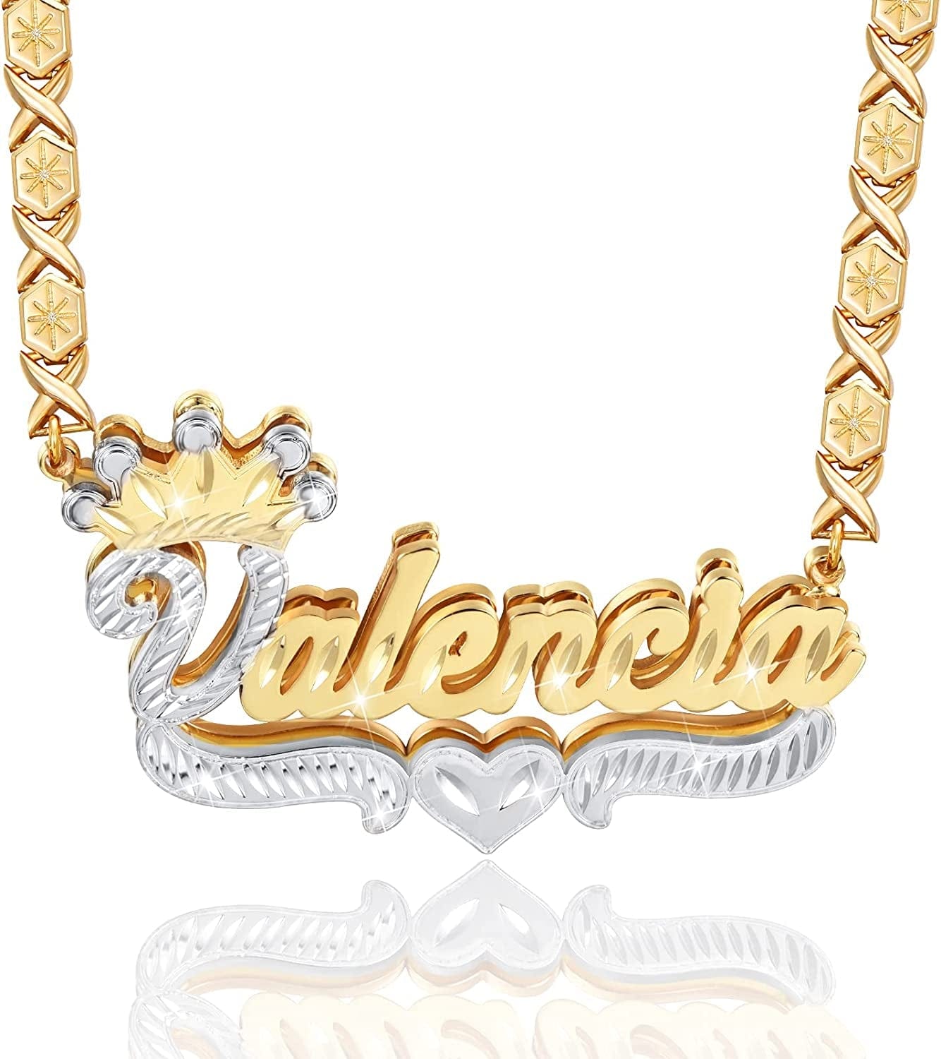 Double Plated Nameplate Name Necklace Custom Heart Necklace Personalized Two Tone Gold and Silver Custom Name Necklace for Women Teen Girls Jewelry Gift XOXO Chain Gold and Silver Style 21