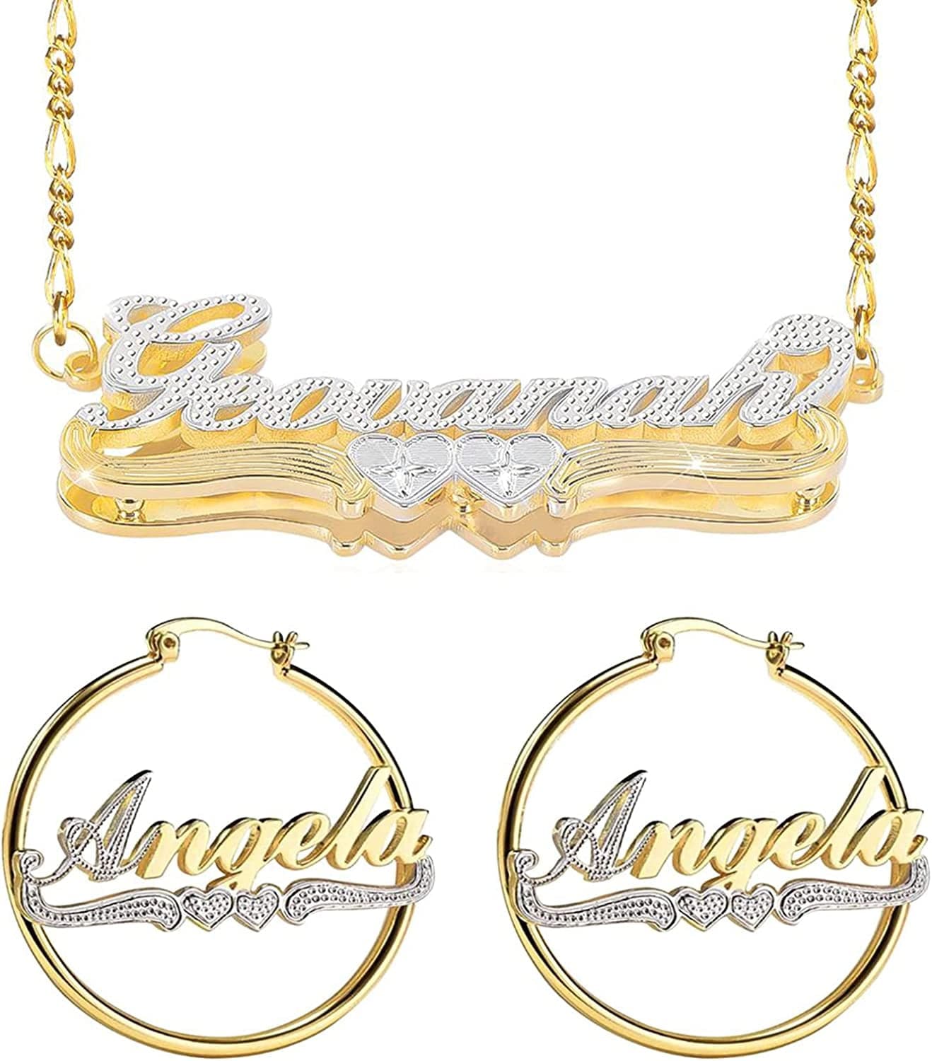 Double Plated Nameplate Name Necklace Custom Heart Necklace Personalized Two Tone Gold and Silver Custom Name Necklace for Women Teen Girls Jewelry Gift Z -Jewelry Set-4