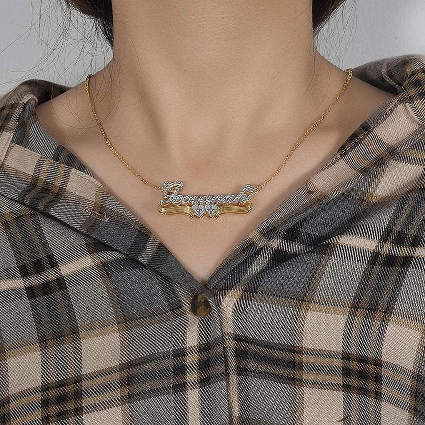 Double Plated Nameplate Name Necklace Custom Heart Necklace Personalized Two Tone Gold and Silver Custom Name Necklace for Women Teen Girls Jewelry Gift