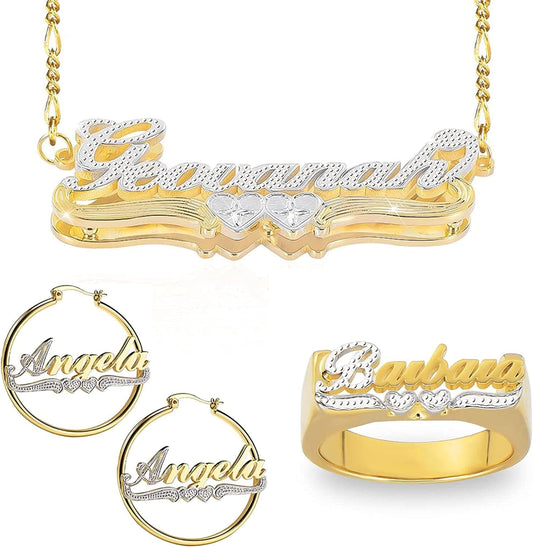 Double Plated Nameplate Name Necklace Custom Heart Necklace Personalized Two Tone Gold and Silver Custom Name Necklace for Women Teen Girls Jewelry Gift Z -Jewelry Set-3