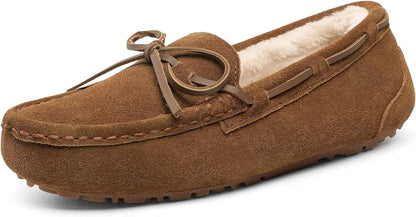 DREAM PAIRS Women'S House Slippers Indoor Outdoor Moccasin Fuzzy Fluffy Furry Loafers Suede Leather Warm Shoes Chesnut-02 / 7.5-8