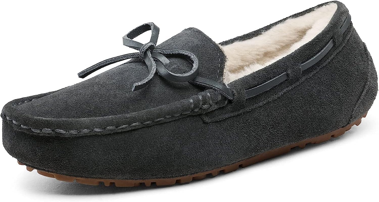 DREAM PAIRS Women'S House Slippers Indoor Outdoor Moccasin Fuzzy Fluffy Furry Loafers Suede Leather Warm Shoes Grey-02 / 11