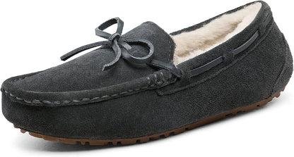 DREAM PAIRS Women'S House Slippers Indoor Outdoor Moccasin Fuzzy Fluffy Furry Loafers Suede Leather Warm Shoes Grey-02 / 11