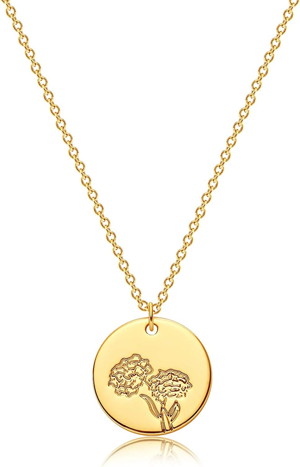 DREMMY STUDIOS Birth Month Flower Pendant Necklace 18K Gold Plated Dainty Simple Month Birth Floral Disc Pendant Engrave Coin Necklace Minimalist Delicate Custom for Mom Daughter Gift for Her Version A / October