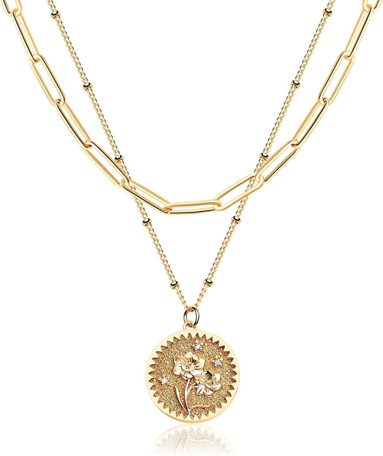 DREMMY STUDIOS Birth Month Flower Pendant Necklace 18K Gold Plated Dainty Simple Month Birth Floral Disc Pendant Engrave Coin Necklace Minimalist Delicate Custom for Mom Daughter Gift for Her Relief / March
