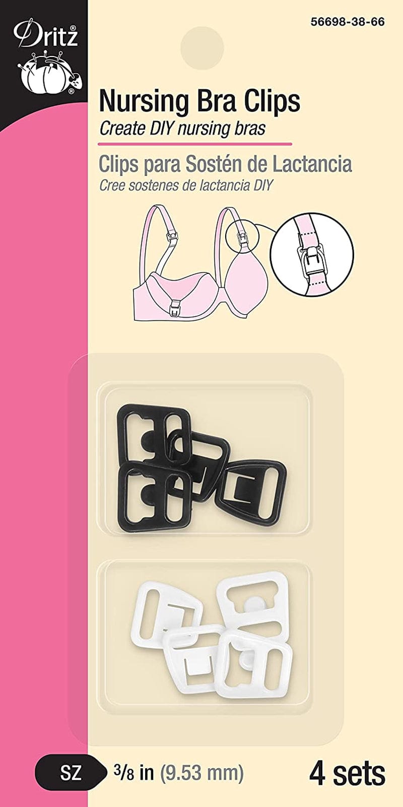 Dritz 56698-12-66 Bra Clips, 1/2-Inch, Black, White 4 Count 3/8-Inch