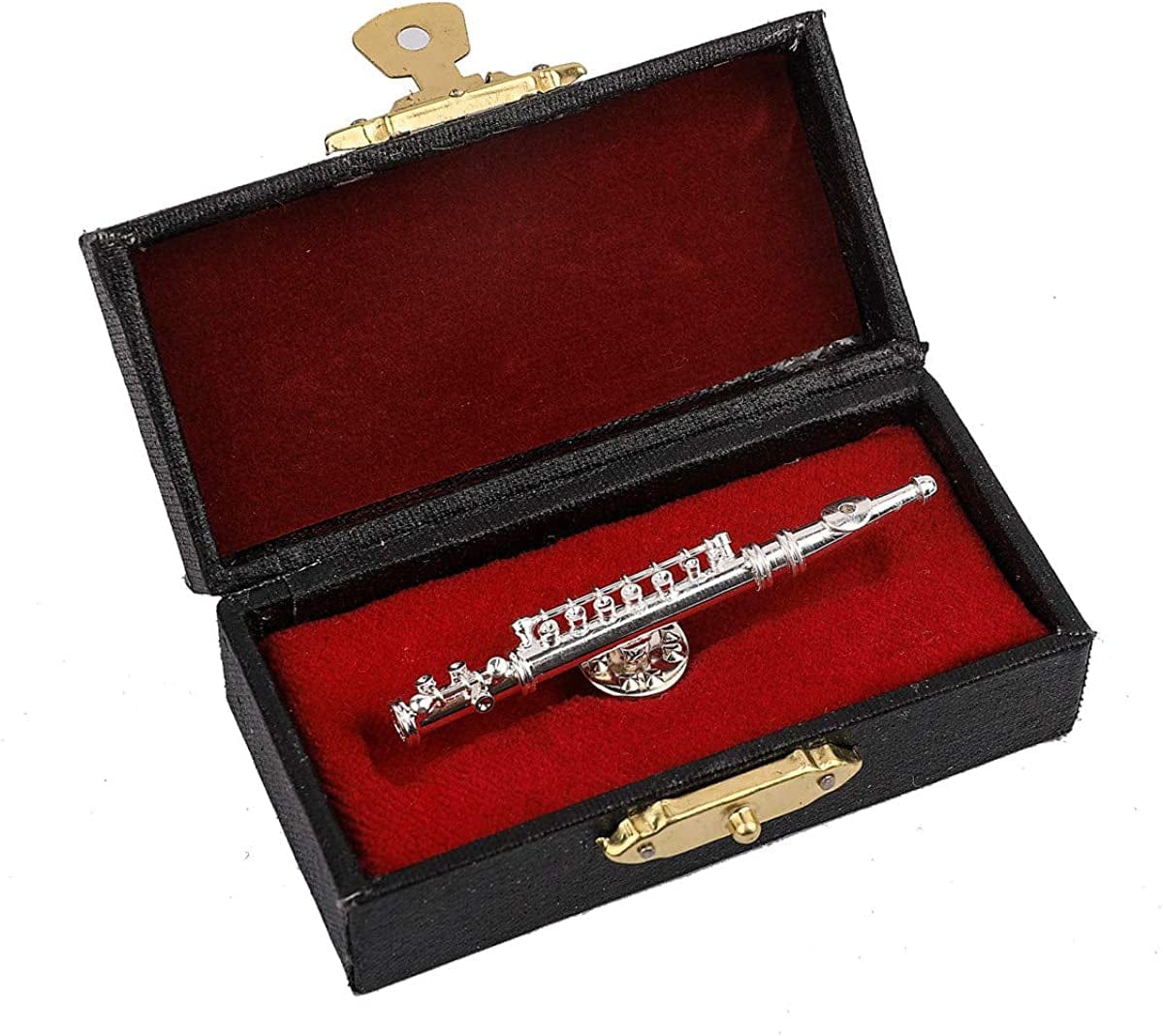 Dselvgvu Miniature Musical Instrument Fashion Lapel Brooch Pin with Red Velvet Lined Instrument Case Musical Gift Birthday Gift 2.24" Silver Flute Pin