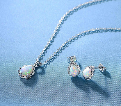 Dwearbeauty White Gold Plated Opal Halo Pendant Necklace and Stud Earrings Jewelry Set (Necklace and Earring Set)