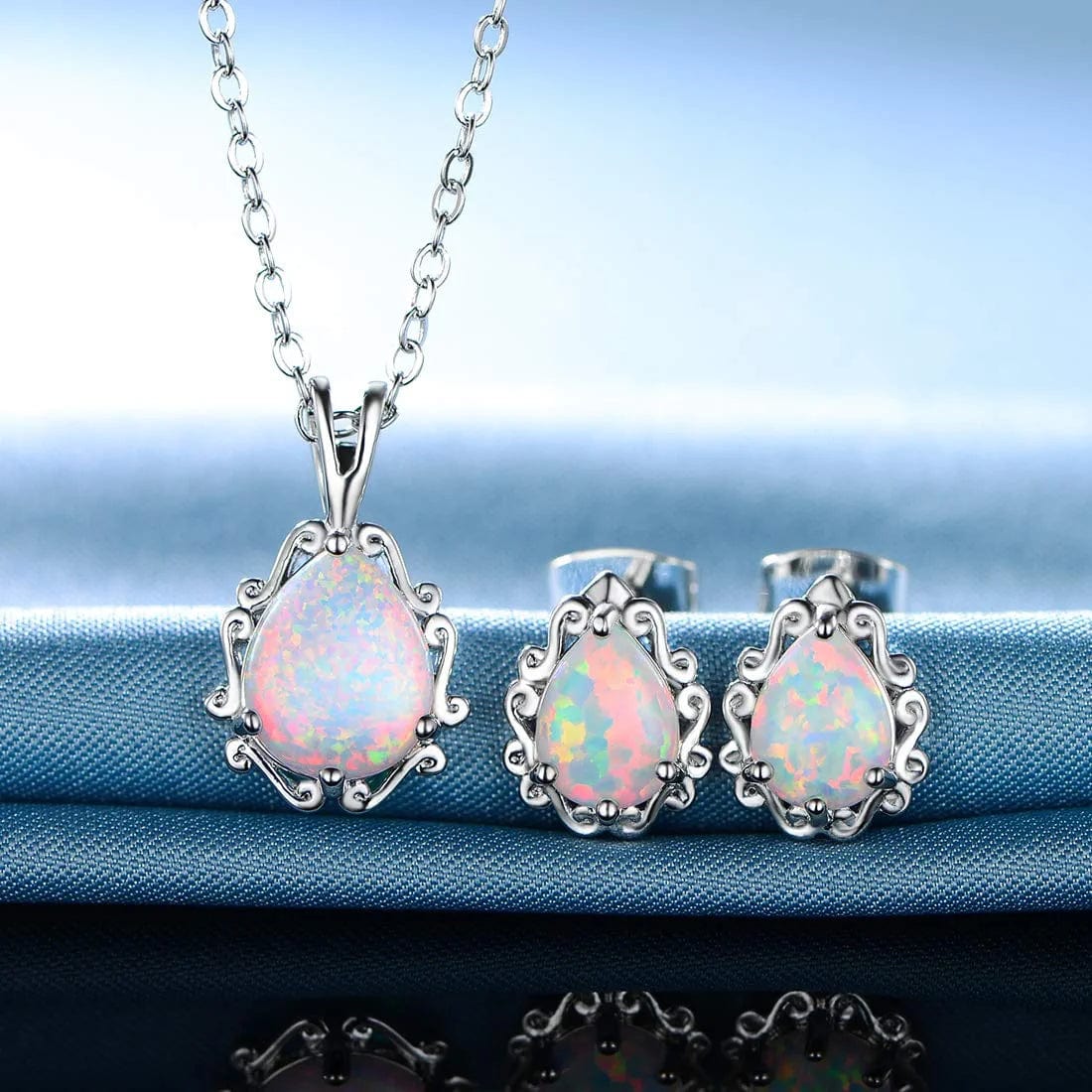 Dwearbeauty White Gold Plated Opal Halo Pendant Necklace and Stud Earrings Jewelry Set (Necklace and Earring Set)