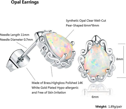 Dwearbeauty White Gold Plated Opal Halo Pendant Necklace and Stud Earrings Jewelry Set (Necklace and Earring Set)