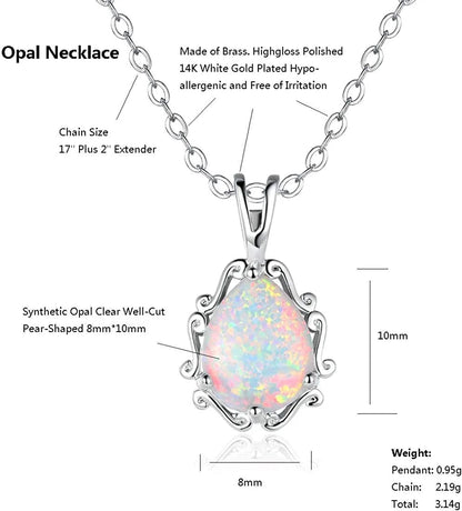 Dwearbeauty White Gold Plated Opal Halo Pendant Necklace and Stud Earrings Jewelry Set (Necklace and Earring Set)