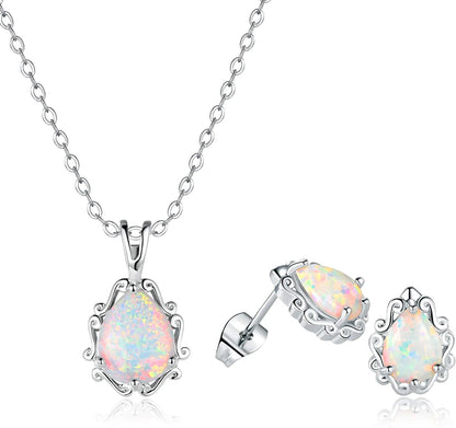 Dwearbeauty White Gold Plated Opal Halo Pendant Necklace and Stud Earrings Jewelry Set (Necklace and Earring Set)