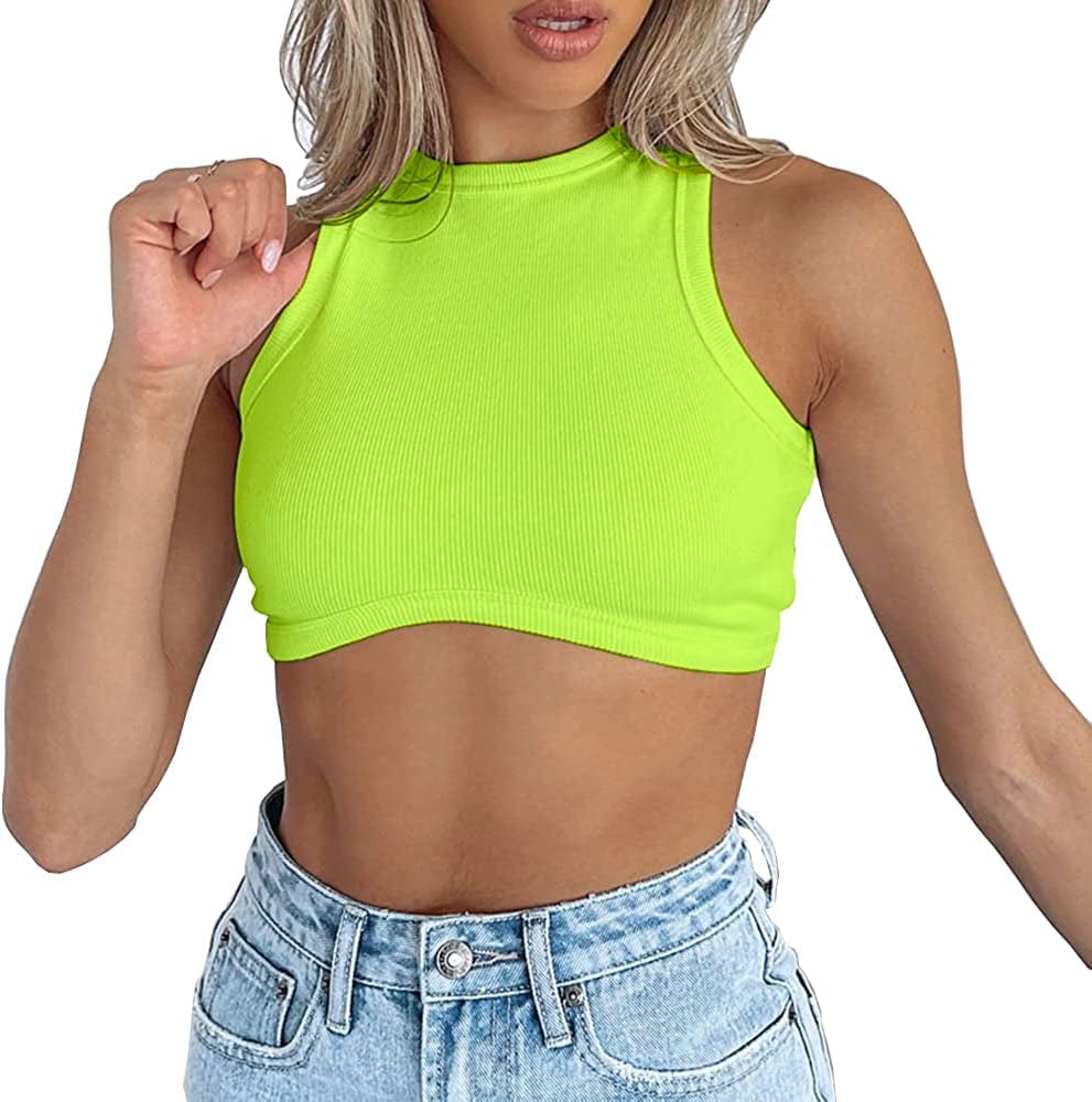 Dwnval Sexy Sleeveless Crewneck Ribbed Knitted Tank Crop Tops for Women Neon Green / Small