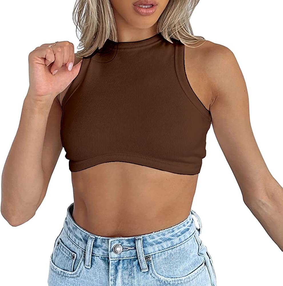 Dwnval Sexy Sleeveless Crewneck Ribbed Knitted Tank Crop Tops for Women Brown / X-Small