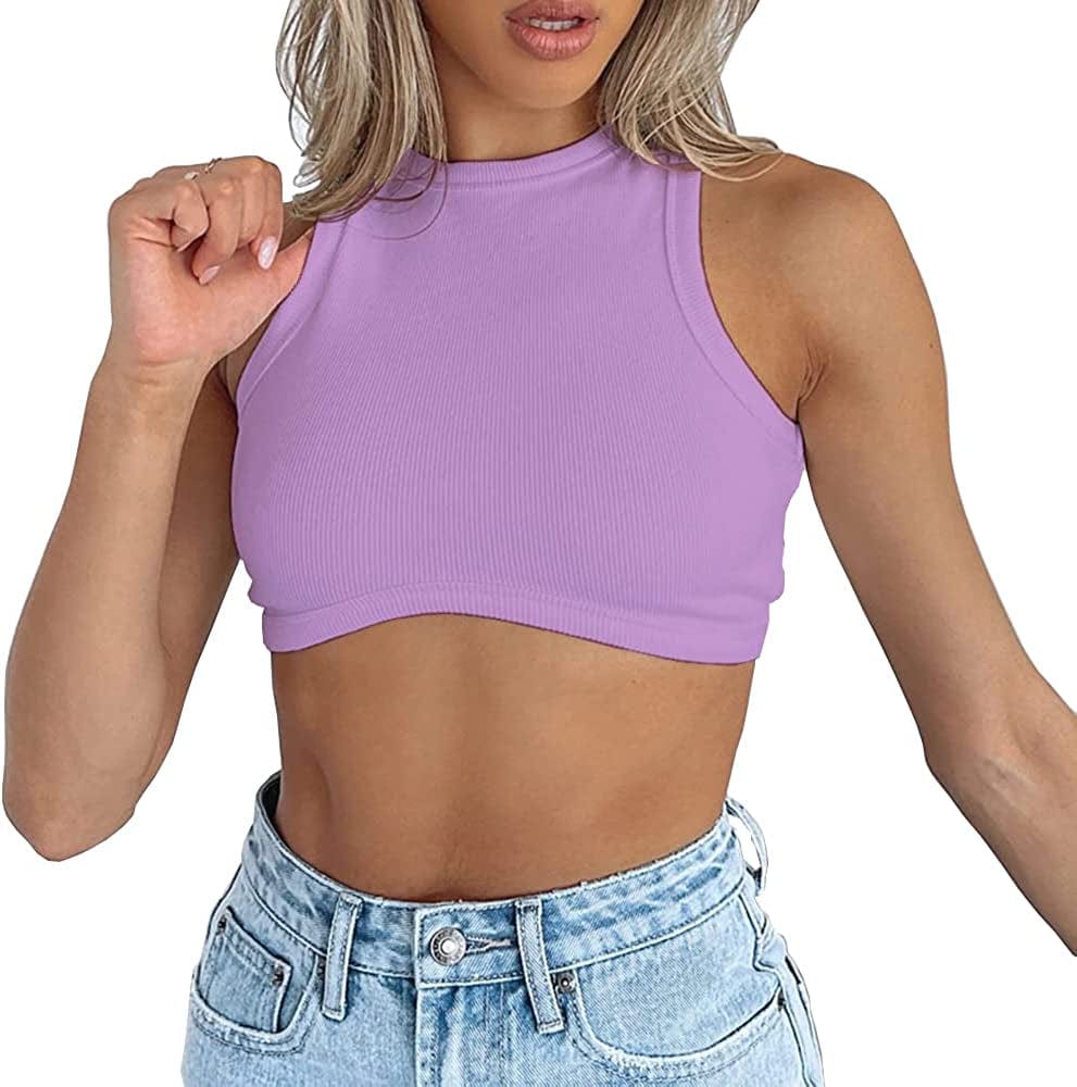 Dwnval Sexy Sleeveless Crewneck Ribbed Knitted Tank Crop Tops for Women Purple / Small