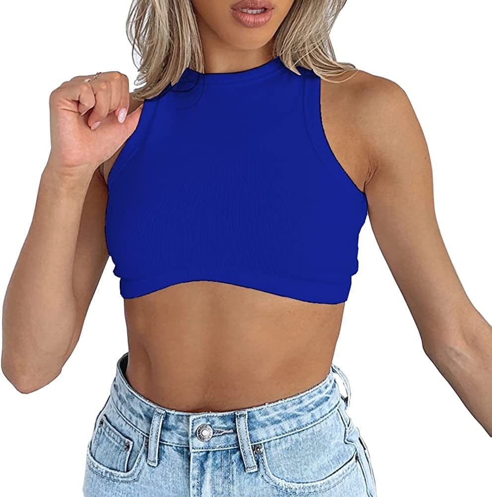 Dwnval Sexy Sleeveless Crewneck Ribbed Knitted Tank Crop Tops for Women #1 Blue / Small