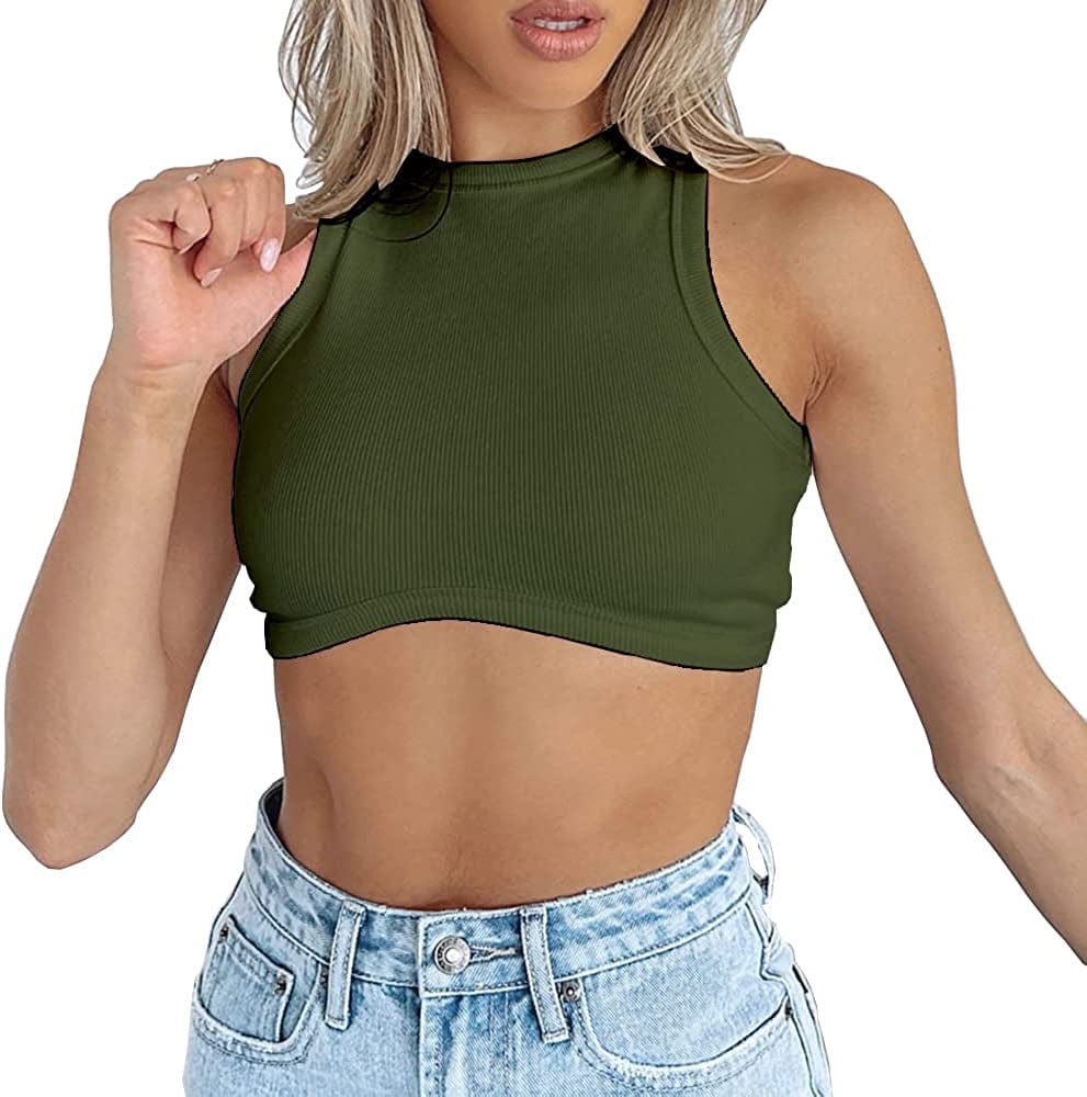 Dwnval Sexy Sleeveless Crewneck Ribbed Knitted Tank Crop Tops for Women Army Green / Small