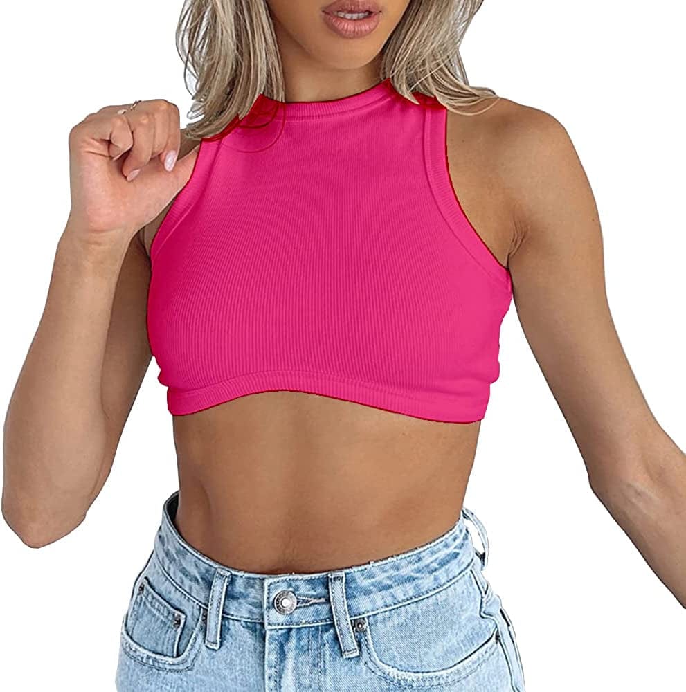 Dwnval Sexy Sleeveless Crewneck Ribbed Knitted Tank Crop Tops for Women Fuchsia / Small