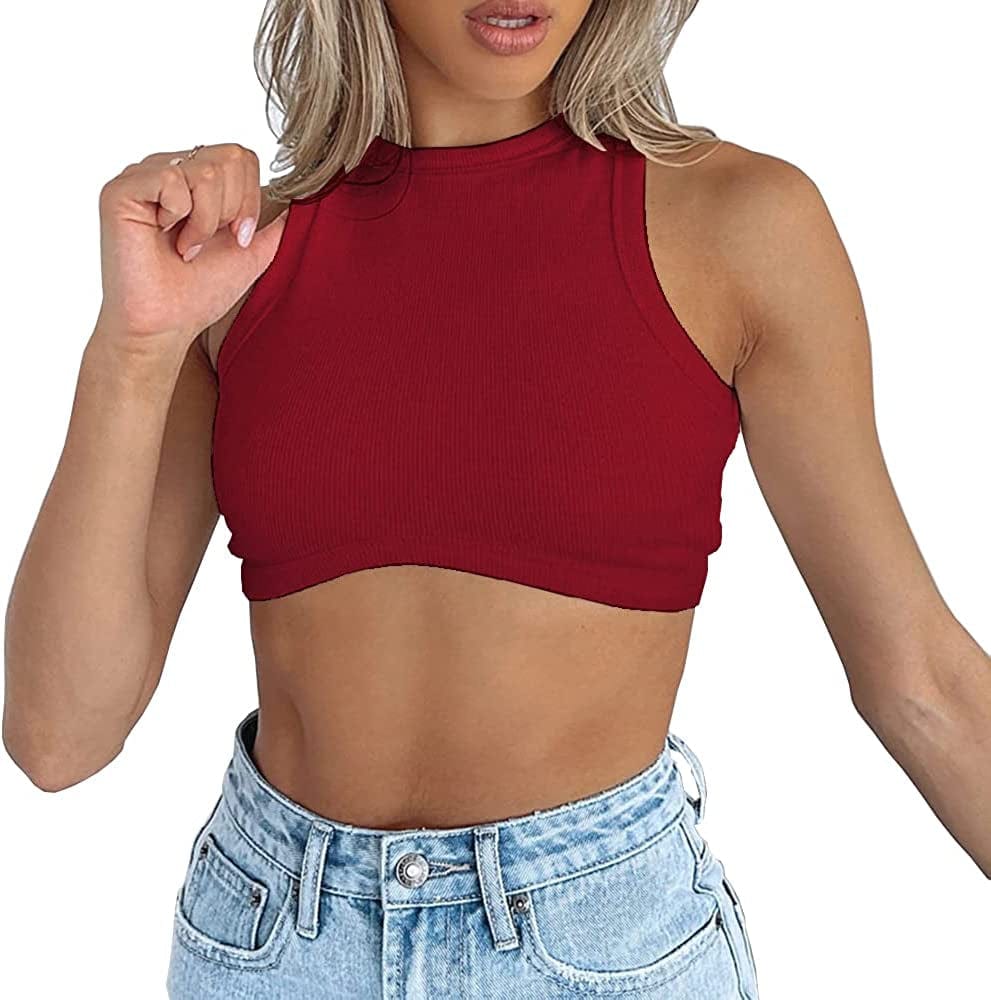 Dwnval Sexy Sleeveless Crewneck Ribbed Knitted Tank Crop Tops for Women Red / Small