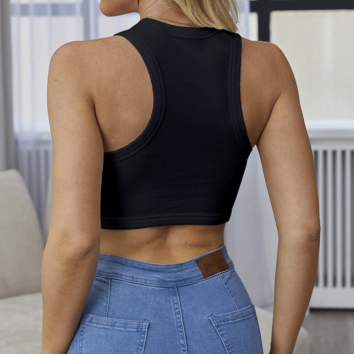 Dwnval Sexy Sleeveless Crewneck Ribbed Knitted Tank Crop Tops for Women