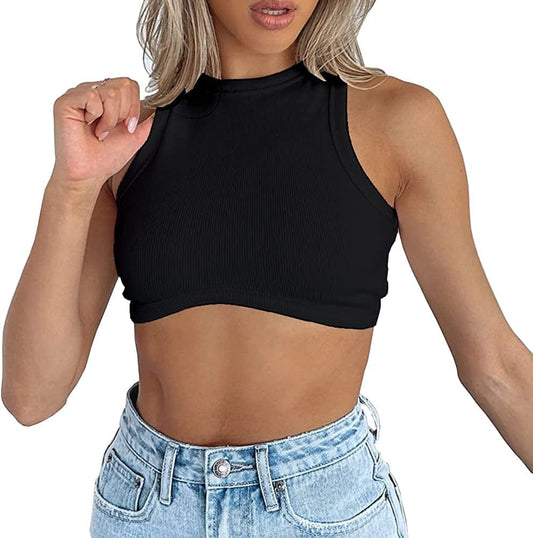 Dwnval Sexy Sleeveless Crewneck Ribbed Knitted Tank Crop Tops for Women Black / Small