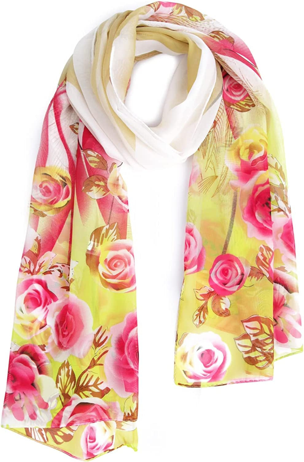 E-Clover Women Soft Floral Print Shawl Chiffon Sheer Scarf Apparel & Accessories > Clothing Accessories > Scarves & Shawls E-Clover Rose Pink Yellow  