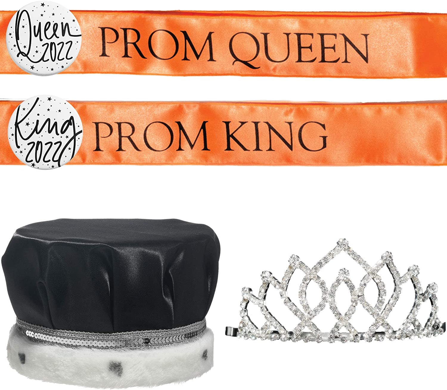 Prom Royalty Set - Rhinestone Tiara, Crown, Sashes, Buttons Apparel & Accessories > Clothing Accessories > Sashes Anderson's Armande Tiara/Black Crown/Orange Sash/White Button  