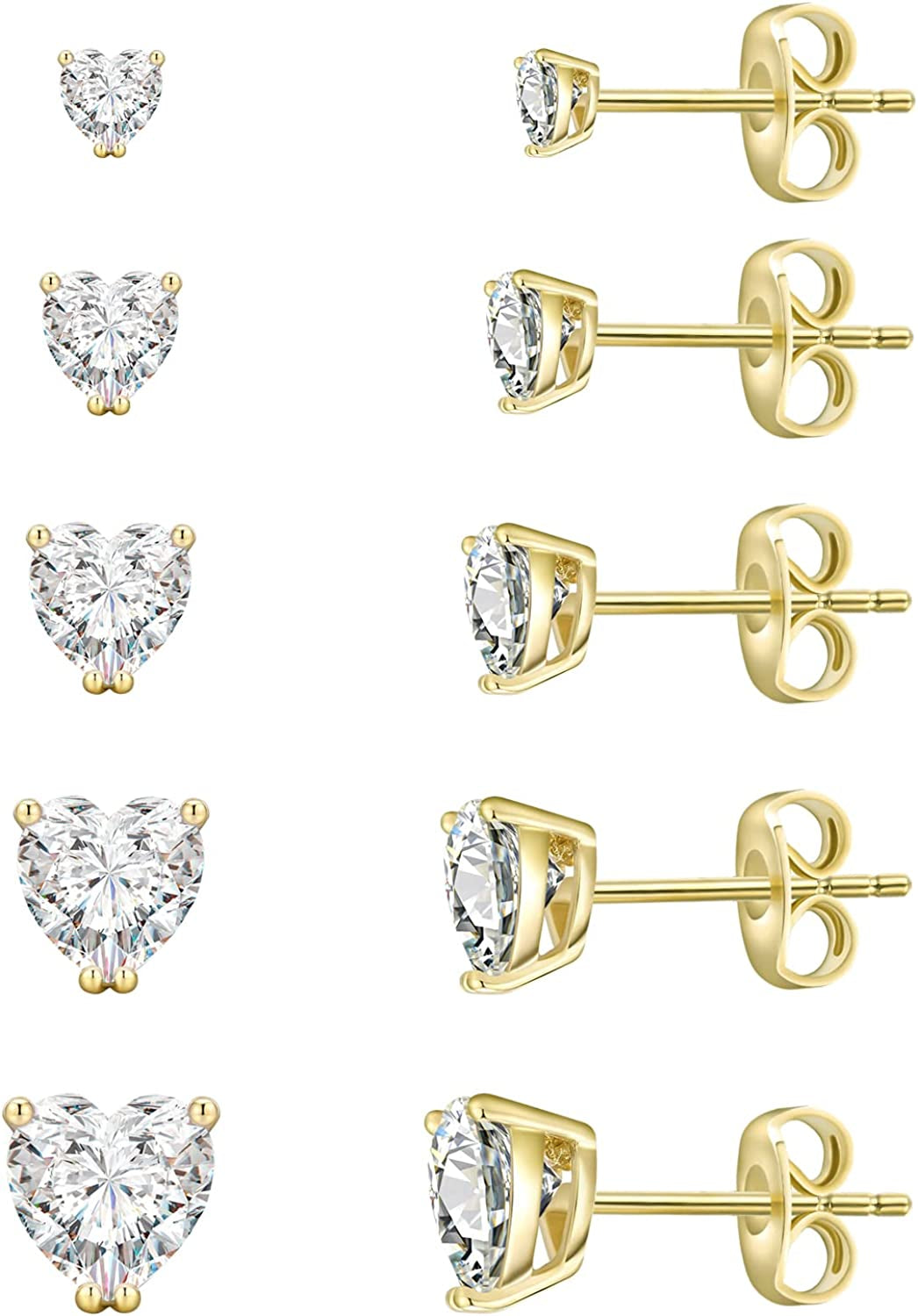 Women'S 14K Gold Plated CZ Stud Earrings Simulated Diamond round Cubic Zirconia Ear Stud Set（5 Pairs) Apparel & Accessories > Jewelry > Earrings Kainier Heart  