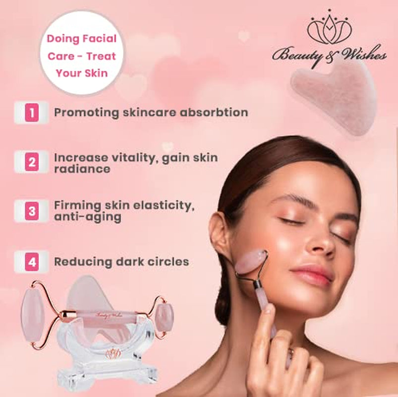 Jade Roller & Gua Sha for Face - 4 in 1 - Helps Reducing Puffiness, Wrinkles, Fine Lines - Authentic Brazilian Rose Quartz Face Massager Kit for Improved Skin Circulation, Drainage, Elasticity Health & Beauty > Personal Care > Cosmetics > Cosmetic Tools > Skin Care Tools BEAUTY & WISHES Rose Quartz  