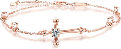 Cross Ankle Bracelet for Women, 925 Sterling Silver Charm Adjustable Foot Anklet, Large Cross Bracelet Apparel & Accessories > Jewelry > Anklets OneSight Rose Gold One Cubic Zirconia Cross  