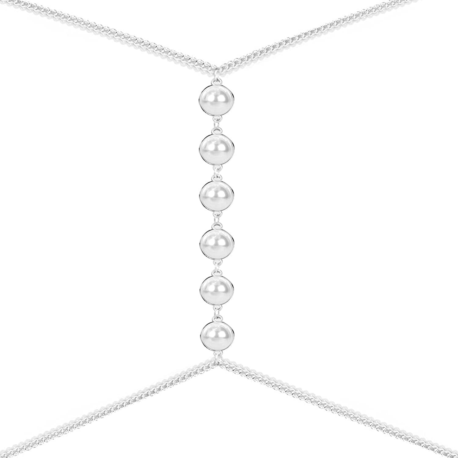 Body Chains for Women Sexy Skinny Crossover Full Body Jewelry for Bikini Swimsuit Wedding Dress Necklace and Belly Chain Set Apparel & Accessories > Jewelry > Body Jewelry Tosmifairy Faux Pearls+Silver Iron Chain  