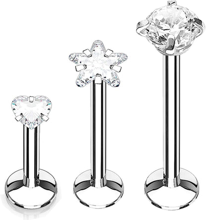 Bodyj4You 3PC Labret Tragus Stud Earrings | 16G Surgical Stainless Steel CZ Crystal | Monroe Helix Cartialge Conch Medusa Lip | Body Piercing Jewelry Set Apparel & Accessories > Jewelry > Body Jewelry BodyJ4You Star, Heart, Round CZ  