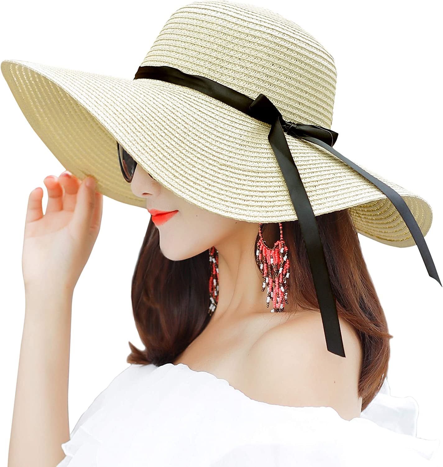 Muryobao Womens Wide Brim Straw Sun Hat Floppy Foldable Roll up Cap UPF 50+ Summer Beach Hats Apparel & Accessories > Clothing Accessories > Hats Muryobao Beige  