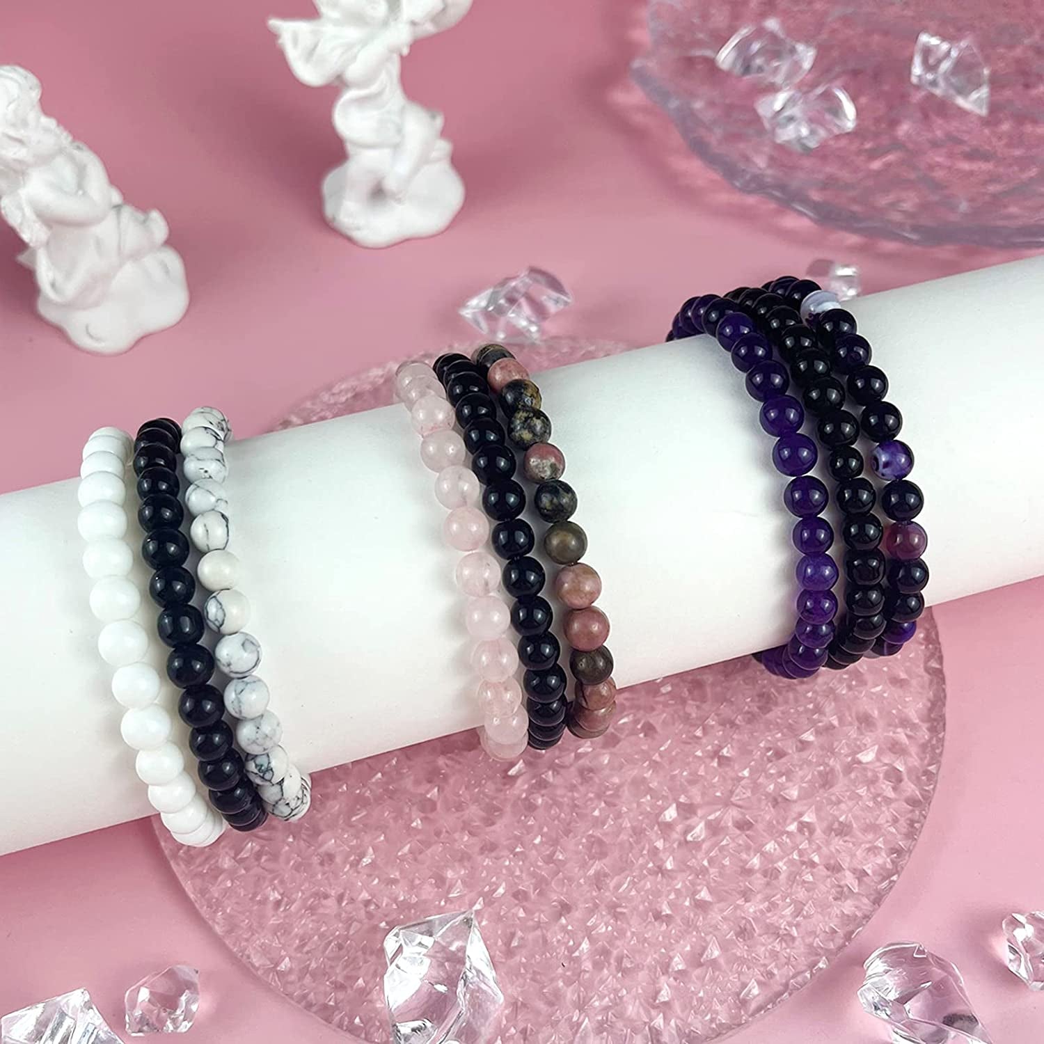 JEWPARK 9Pcs 8Mm/ 6Mm Semi-Precious Gemstones Beaded Bracelets for Women Men Healing Crystal Stone Bracelet Stretch round Beaded Elastic Bracelets Unisex Jewelry Gifts Apparel & Accessories > Jewelry > Bracelets JEWPARK   