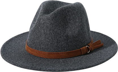 Lanzom Women Lady Felt Fedora Hat Wide Brim Wool Panama Hats with Band Apparel & Accessories > Clothing Accessories > Hats Lanzom 01-dark Grey  