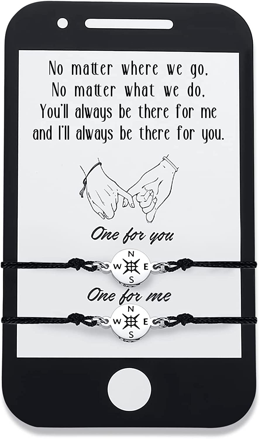 SAM & LORI Unique Matching Bracelets for Best Friends Couples Mother Daughter Son Dad Sisters Brothers-Unisex Adjustable Bracelets- Comes with Cards in Giftable Packing Apparel & Accessories > Jewelry > Bracelets SAM & LORI 2-Compass-Black-Phone Shape Card  