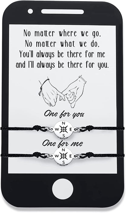 SAM & LORI Unique Matching Bracelets for Best Friends Couples Mother Daughter Son Dad Sisters Brothers-Unisex Adjustable Bracelets- Comes with Cards in Giftable Packing Apparel & Accessories > Jewelry > Bracelets SAM & LORI 2-Compass-Black-Phone Shape Card  