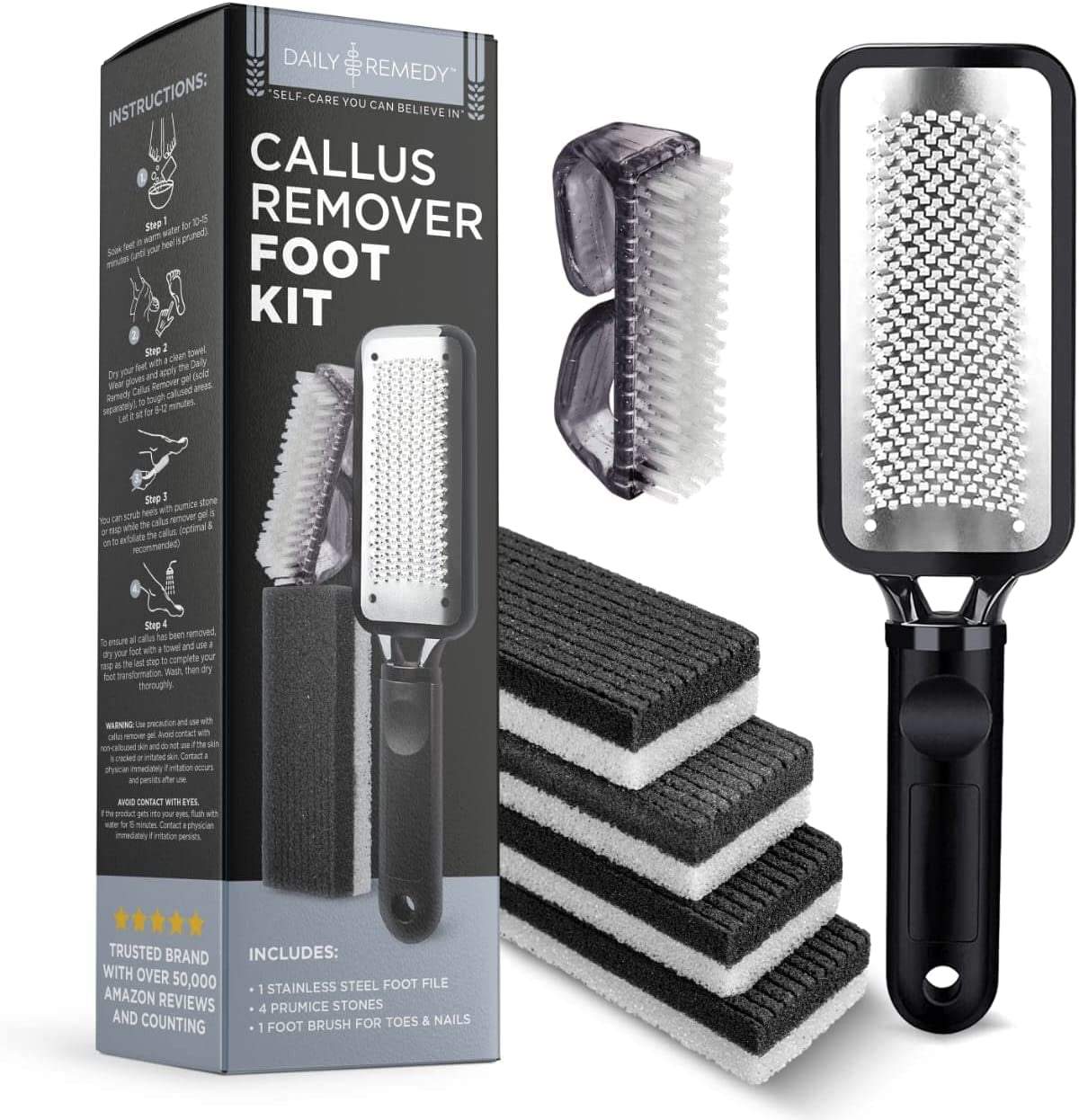 DAILY REMEDY Foot Callus Remover Set - Includes 1 Stainless Rasp Foot File, 4 Premium Pumice Stone and 1 Nail Brush, Best Foot Care Pedicure Tools to Remove Hard Dry Skin (Purple) Health & Beauty > Personal Care > Foot Care DAILY REMEDY Black  