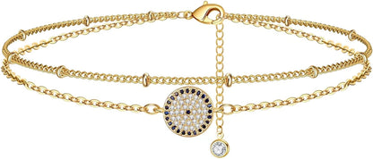 Dainty Ankle Bracelets for Women Girls, 14K Gold Filled Handmade Anklet Tiny Lock Key Star Lightning Crescent Elephant Evil Eye Ankle Bracelets for Women Girls Summer Boho Beach Foot Jewelry Apparel & Accessories > Jewelry > Anklets Yoosteel Round Evil Eye  