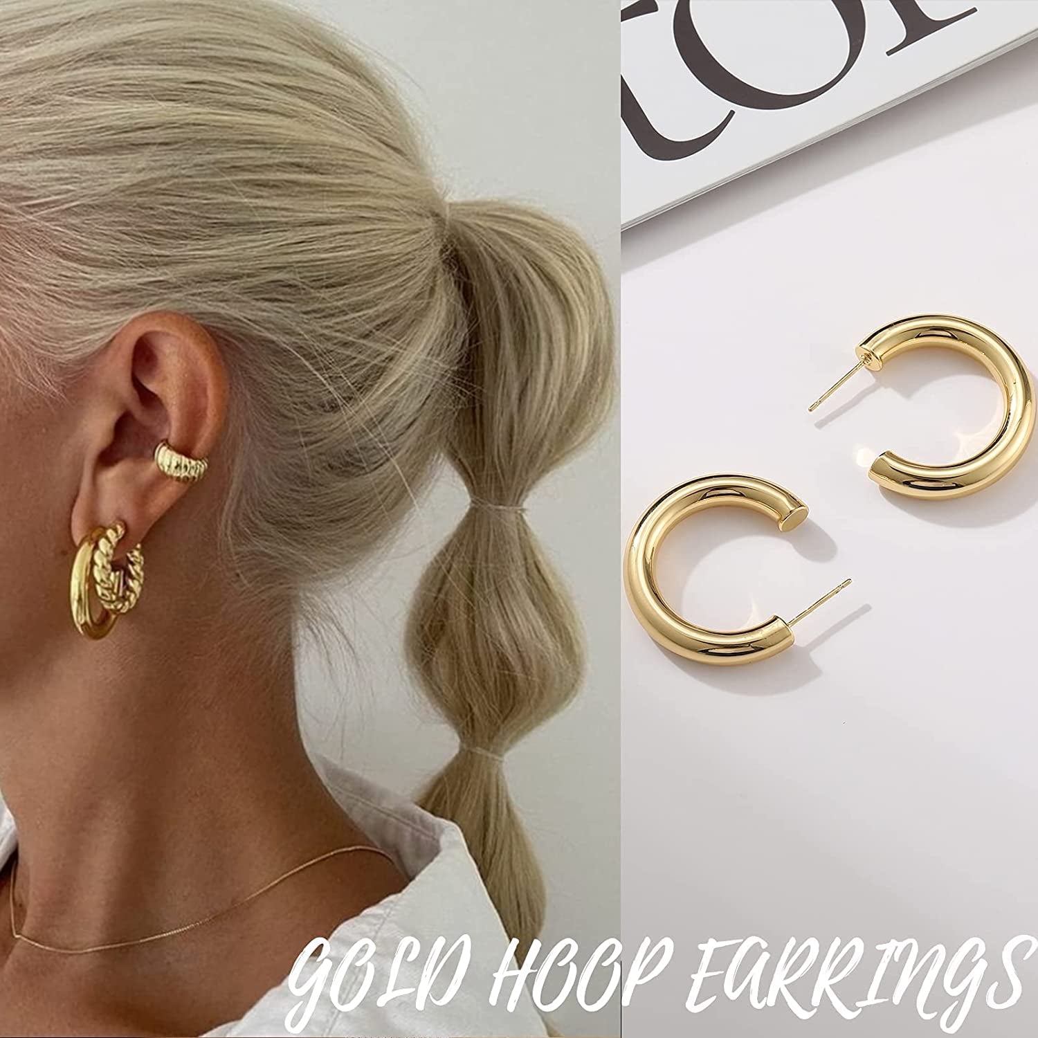 Gold Hoop Earrings Set for Women, 14K Gold Plated Lightweight Hypoallergenic Chunky Open Hoops Set for Gift Apparel & Accessories > Jewelry > Earrings KYLIE MAX   