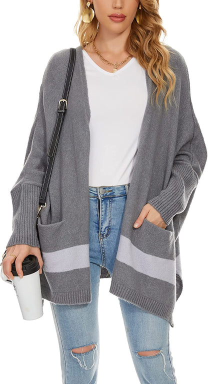 Moss Rose Women'S Open Front Cardigans Striped Batwing Sleeves Oversized Knit Pockets Sweater Coat Apparel & Accessories > Clothing Accessories > Scarves & Shawls KYLIE MAX D Dark Grey Medium 