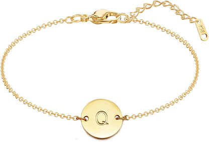 Glimmerst Personalized Initial Bracelet, 18K Gold Plated Stainless Steel Letter Bracelet Dainty Coin Charm Bracelet Delicate Disc Name Bracelet for Women Girls Apparel & Accessories > Jewelry > Bracelets Glimmerst Q  