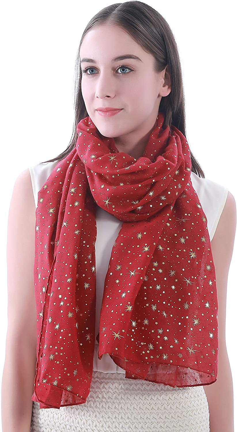 Lina & Lily Silver Gold Glitters Shimmer Foil Stars Women Scarf Shawl Wrap Apparel & Accessories > Clothing Accessories > Scarves & Shawls Lina & Lily Dark Red (Gold Stars)  