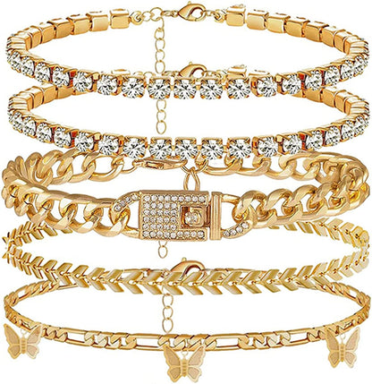 Ronglry 5Pcs Gold Ankle Bracelets for Women Girls Cuban Link Ankle Bracelet Cuban Chain Anklet Butterfly Anklet Set Rhinestone Tennis Anklet Adjustable Layered Link Anklets Summer Beach Gifts Apparel & Accessories > Jewelry > Anklets Ronglry gold  