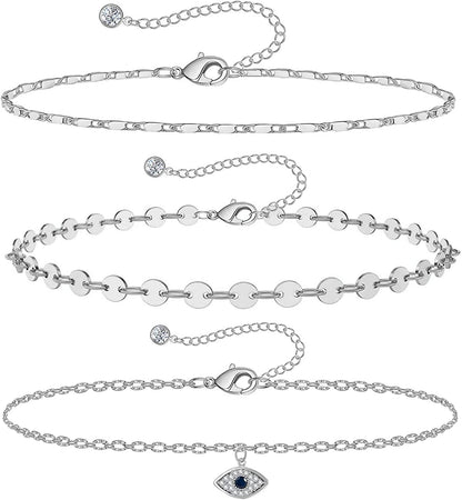 Gold Ankle Bracelets for Women 14K Gold Plated Anklet Silver Rose Gold Evil Eye Tennis Crystal Cubic Zirconia Faux Diamond Rhinestone Anklet Dainty Layered Anklet Set 3Pcs Apparel & Accessories > Jewelry > Anklets Vermeyen W-White Gold Evil Eye  