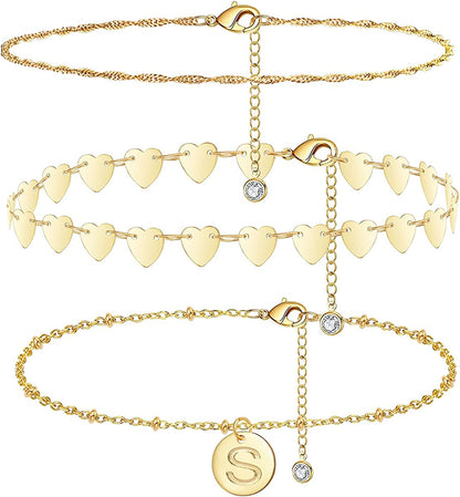 Initial Gold Ankle Bracelets for Women 14K Gold Plated Anklet Heart Chain Anklet Dainty Engraved a to Z Letter Charm Alphabet Satellite Beaded Layered Anklet Set 3Pcs Apparel & Accessories > Jewelry > Anklets Vermeyen S  